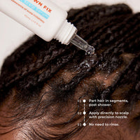 How to for the scalp serum showing how to part the hair and apply the liquid from the tube to the scalp 