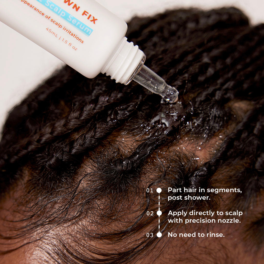 How to for the scalp serum showing how to part the hair and apply the liquid from the tube to the scalp 